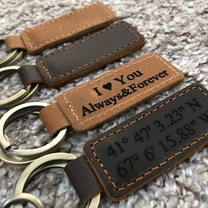 Custom LEATHER KEYCHAIN, Coordinates Key Chain, Anniversary Date Engraved, Birthday, Location, Company Name, Key FOB, Personalized Gift, 4 U