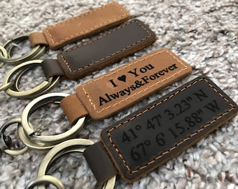 Custom LEATHER KEYCHAIN, Coordinates Key Chain, Anniversary Date Engraved, Birthday, Location, Company Name, Key FOB, Personalized Gift, 4 U