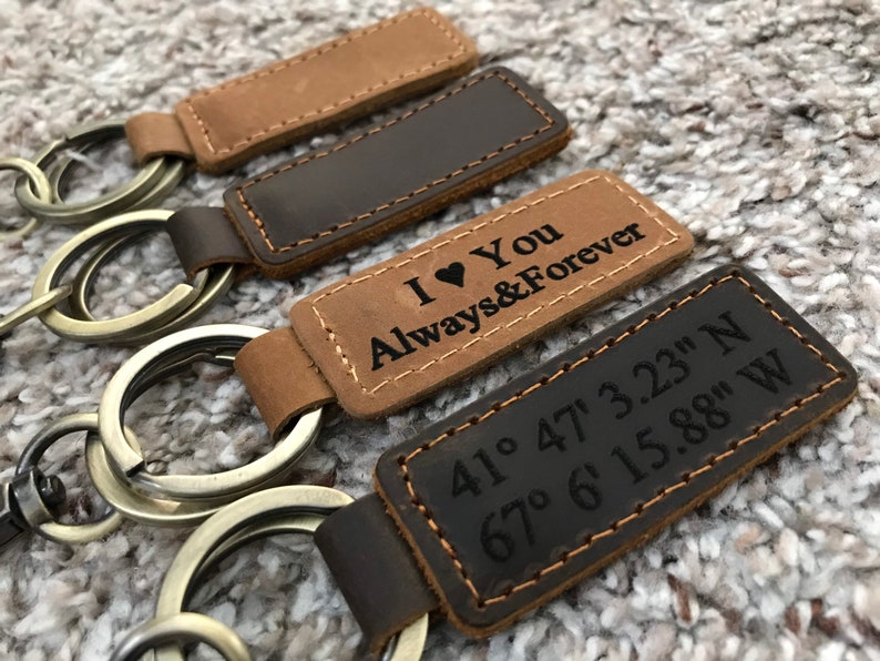 Custom LEATHER KEYCHAIN, Coordinates Key Chain, Anniversary Date Engraved, Birthday, Location, Company Name, Key FOB, Personalized Gift, 4 U 