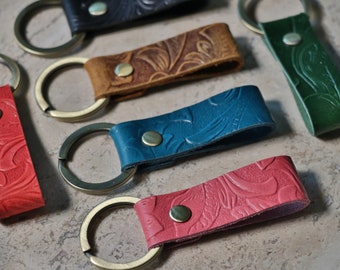 Embossed Leather Keychain, Distressed Full Grain, Car Key Fob