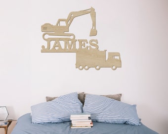 Construction Name Sign, Kids Room Sign, Tractor Trucks Boys Nursery Decor, Personalized Wood Sign, Kids Sign Gift, Construction Dump Truck