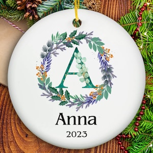 Personalized WREATH ORNAMENT NAME, Family Christmas Ornament, Monogram Alphabet Ornament, Custom Initial Ornament, Holiday Season Gift