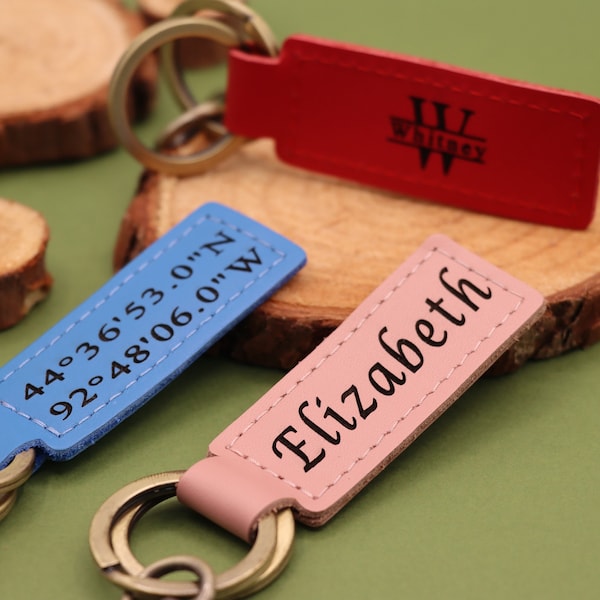 Custom LEATHER KEYCHAIN, COORDINATES Key Chain, Anniversary Date Engraved, Birthday, Location, Company, Name, Keyring, Personalized Gift, 4U