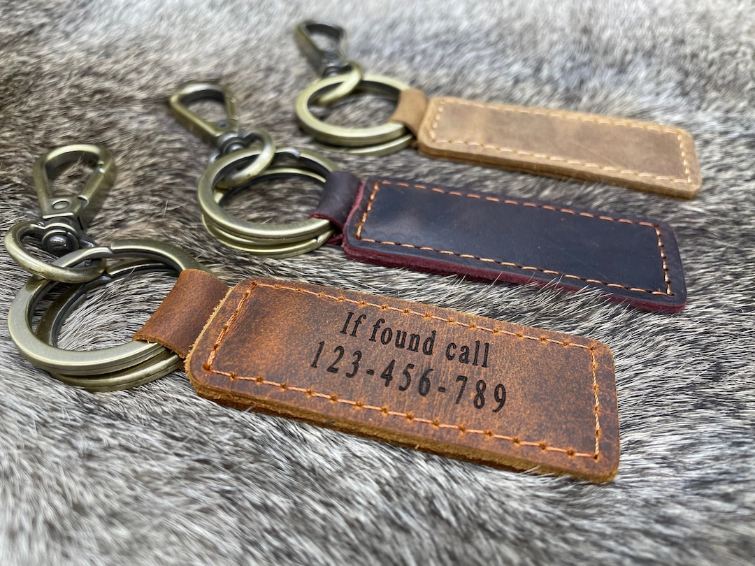 Personalized Leather Keychain, Engraved Lost and Found Keyring - Etsy