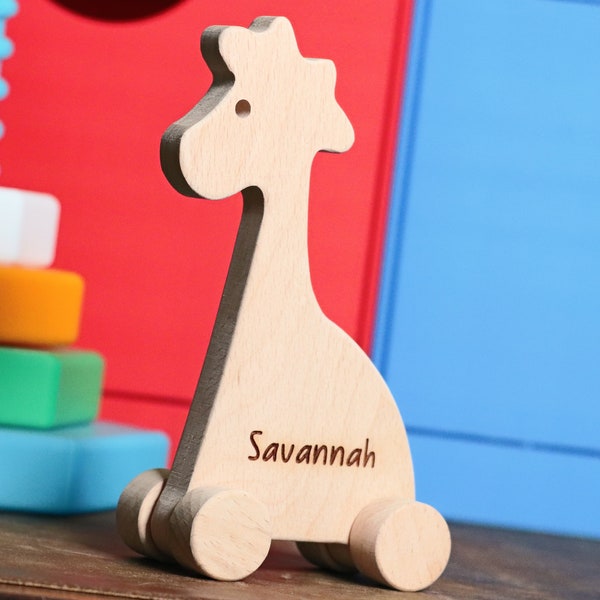 Wooden GIRAFFE ANIMAL Push Toy, Waldorf Toy, Montessori Animal Toy, Personalized Toy Gift, Gift for Baby Shower, Natural Toys for Toddlers