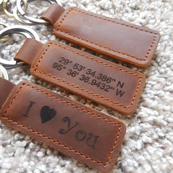 Custom LEATHER KEYCHAIN, Coordinates Key Chain, Anniversary Date Engraved, Birthday, Location, Company Name, Key FOB, Personalized Gift, 4 U