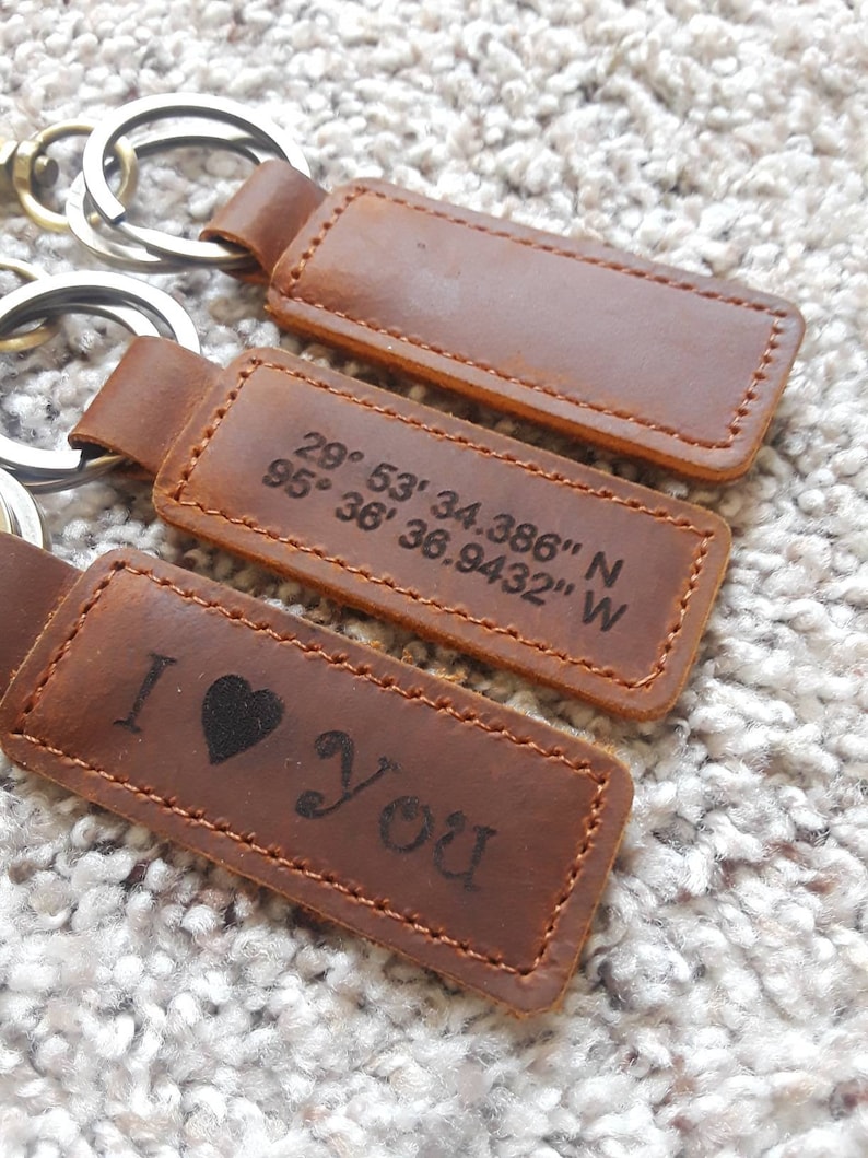 Custom LEATHER KEYCHAIN Coordinates Key Chain Anniversary Etsy