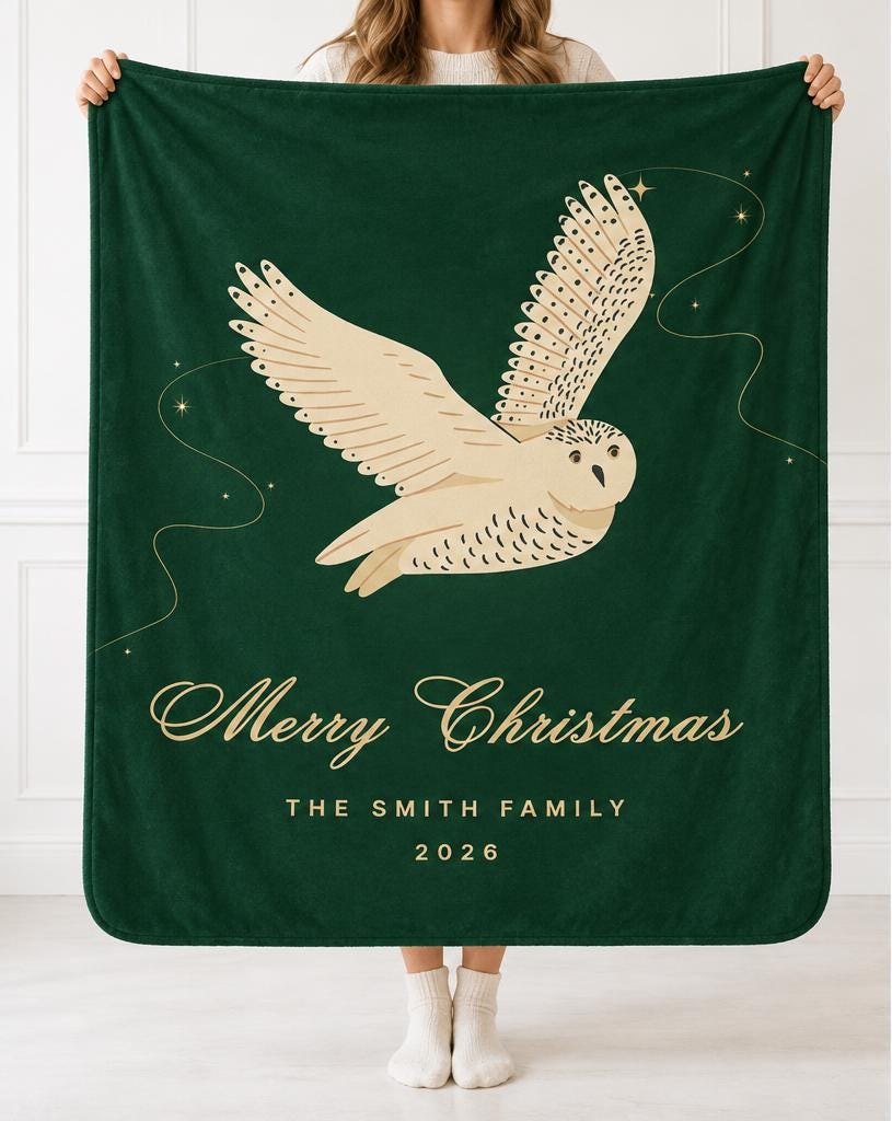 Personalized Owl Christmas Blanket or Tapestry, Custom Family Name Throw, Forest Green Holiday Decor