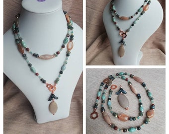 Apatite, bloodstone, Burmese jade, hematite, labradorite, larvikite, moonstone and sunstone 32inch necklace with detachable pendant.