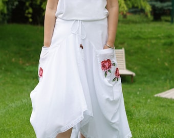 White Cotton Gauze Maxi Skirt, Colorful Floral Embroidery, Boho Yoga