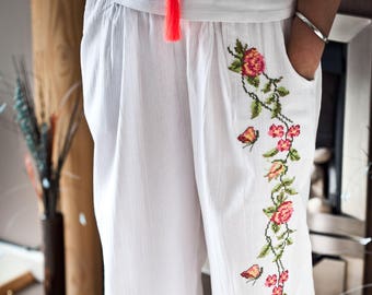 White Cotton Embroidered Yoga Pants, Boho Pants, Loose Trousers, Meditation Bottom, Kundalini Yoga clothing