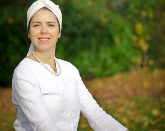 Embroidered  White Cotton Tunic, Long Sleeved Tunic Dress, Yoga Top, Kundalini Yoga Clothing