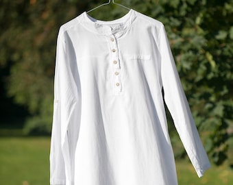Tunika-Shirt aus Gaze-Baumwolle mit Knopf, weiße Tunika-Bluse, Kundalini-Yoga-Tunika