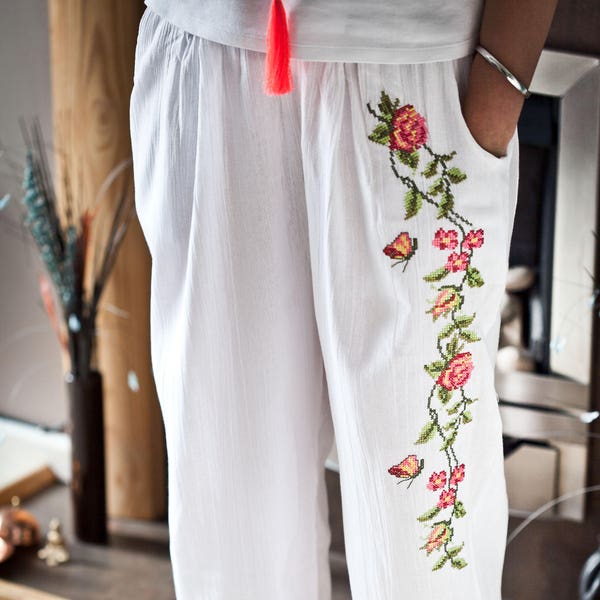 White Cotton Embroidered Yoga Pants, Boho Pants, Loose Trousers, Meditation Bottom, Kundalini Yoga clothing