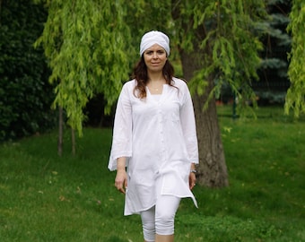 Tunica lunga in cotone bianco, abito tunica Kundalini Yoga, abito in puro cotone