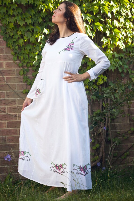 Women's Long Sleeve Cotton Dress With Colorful Floral Embroideries, Pure Cotton  Yoga Dress, Kundalini Yoga Clothing - Etsy