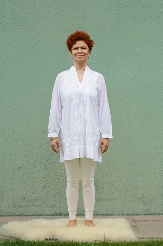 White Cotton Embroidered Tunic Kundalini Yoga White Tunic 