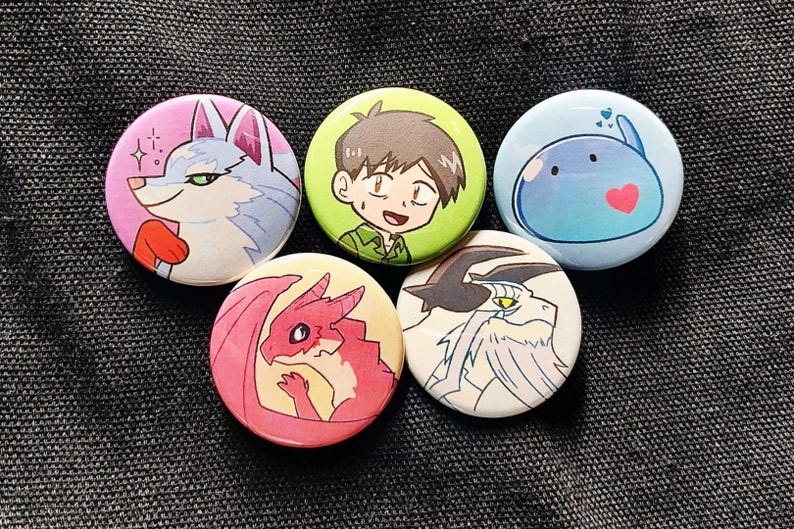 Buttons featuring Fel, Mukouda, Sui, Dora-chan, and Gonji individually.