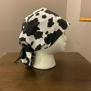 Just Moo-velous Scrub Hat, PonyTail Scrub Cap, Animal Print, Surgical Caps, Scrub Hats with black ribbon