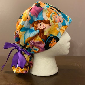 Fairy Tales (Disney Princesses) Scrub Hat, Scrub caps, Disney Scrub Cap, PonyTail Scrub Cap, Surgical Caps, Scrub Hats with purple ribbon