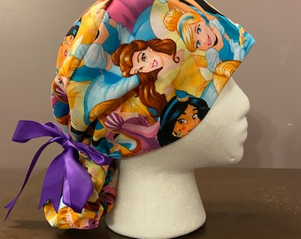 Fairy Tales (Disney Princesses) Scrub Hat, Scrub caps, Disney Scrub Cap, PonyTail Scrub Cap, Surgical Caps, Scrub Hats with purple ribbon