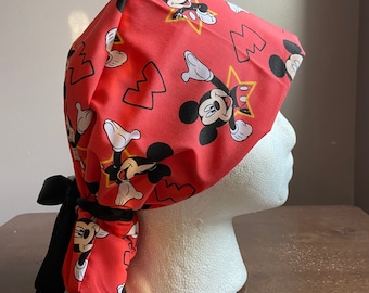 Oh Mickeyyyy #2 Scrub Hat, PonyTail Scrub Cap, Surgical Caps, Scrub Hats with black ribbon