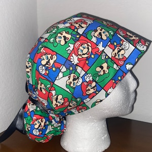 Gamer Ponytail Scrub Cap #2, PonyTail Scrub Hat, Surgical Caps, Scrub Hats with black ribbon
