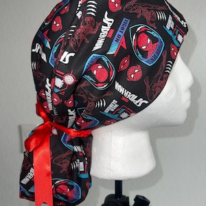 Webbzzzz Ponytail Scrub Cap(Spiderman), PonyTail Scrub Hat, Surgical Caps, Scrub Hats with red ribbon