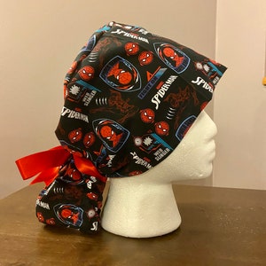 Webbzzzz Ponytail Scrub Cap(Spiderman), PonyTail Scrub Hat, Surgical Caps, Scrub Hats with red ribbon
