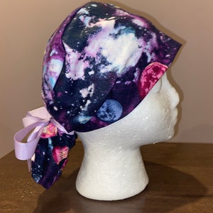 Celestial Bodies# 5 Scrub Hat, PonyTail Scrub Cap, Surgical Caps, Scrub Hats with lavender ribbon