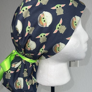 Shy Baby Yoda Ponytail Scrub Cap (Star Wars), Disney Scrub Hat, PonyTail Scrub Cap, Surgical Caps, Scrub Hats with lime green ribbon