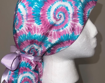 Tie Dye Swirls Scrub Hat, PonyTail Scrub Cap, Surgical Caps, Scrub Hats with lavender ribbon