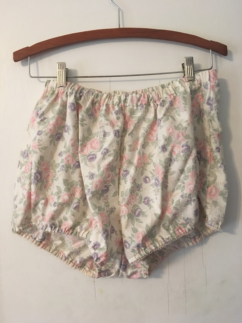 small or medium Handmade bloomers made from vintage upcycled rose floral cotton with vintage pale pink edging elastic at waist and legs