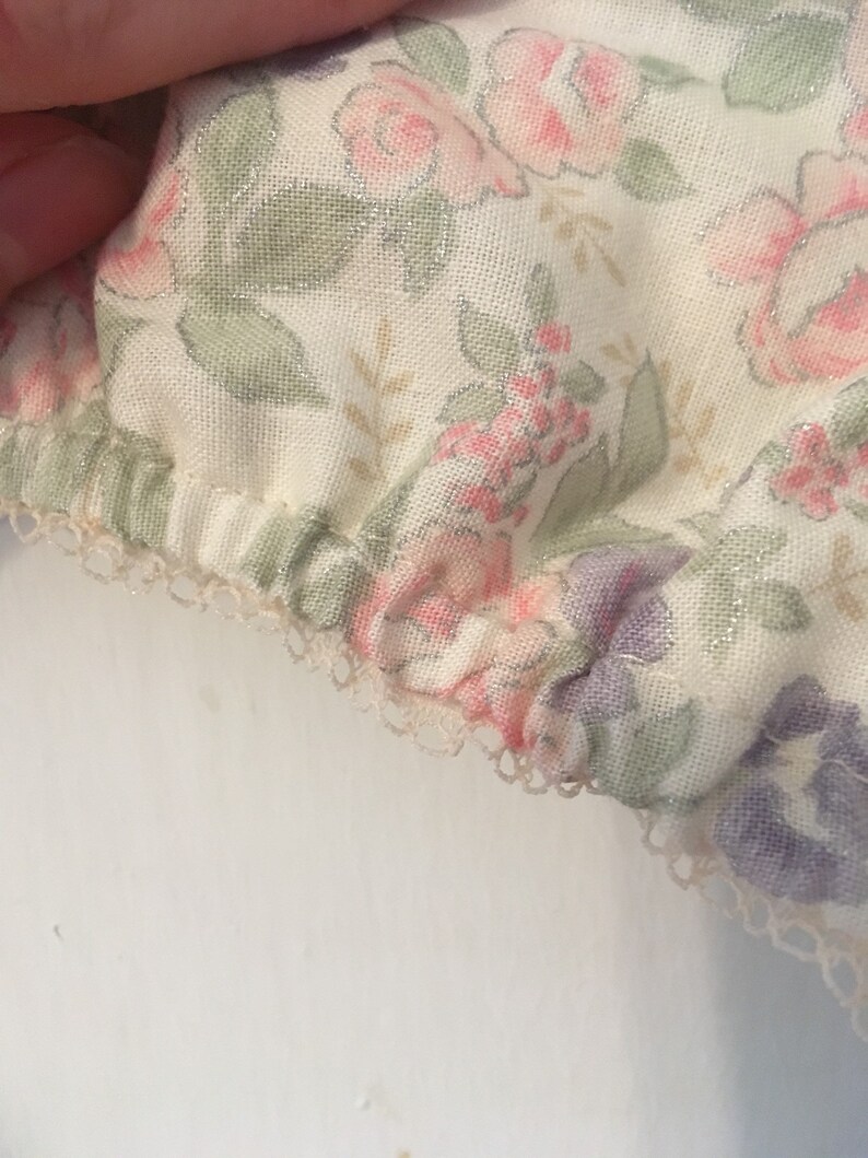 small or medium Handmade bloomers made from vintage upcycled rose floral cotton with vintage pale pink edging elastic at waist and legs