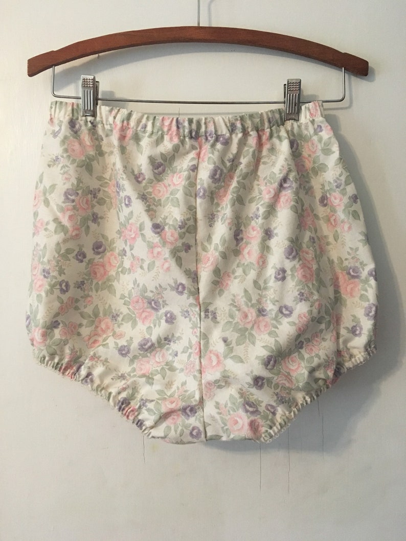 small or medium Handmade bloomers made from vintage upcycled rose floral cotton with vintage pale pink edging elastic at waist and legs