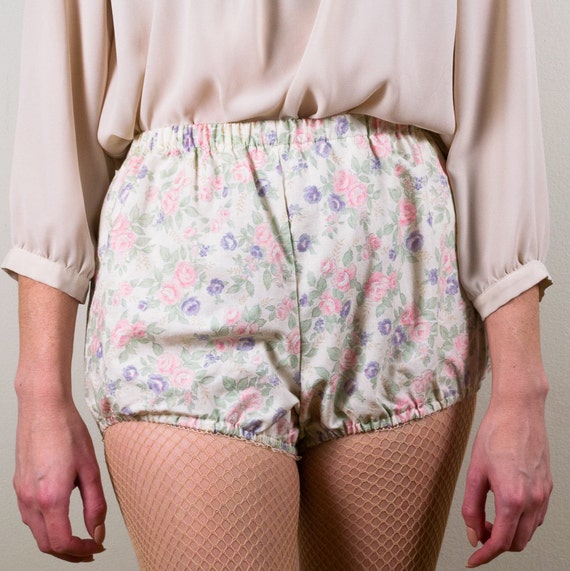 small or medium Handmade bloomers made from vintage upcycled rose floral cotton with vintage pale pink edging elastic at waist and legs