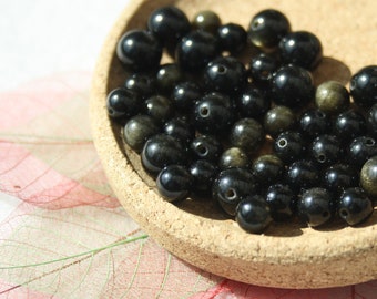 Perles en OBSIDIENNE DORÉE naturelle, diamètres 4 mm 6 mm et 8 mm, loisirs créatifs & bijouterie, DIY, pierres semi-précieuses