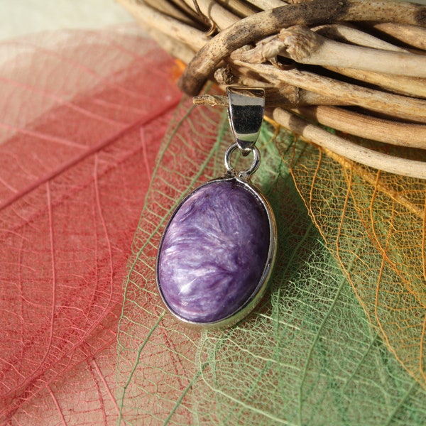 Pendentif en CHAROITE véritable, forme ovale, pierre gemme, naturelle semi précieuse