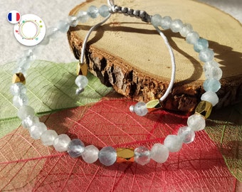 Bracelet en perle d'AIGUE MARINE naturelle, perles facettes; bracelet réglable, pierre semi précieuse