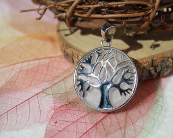 Pendant in natural ROSE QUARTZ, tree of life, semi-precious stone