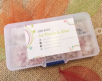 KIT CREATIF Quartz Rose, pierres naturelles, 60 perles rondes, apprêts métalliques, fil silicone et perles baroques, DIY