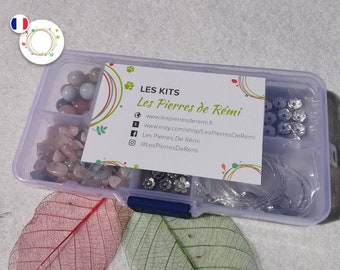 KIT CRÉATIF Béryl,  pierres naturelles, 60 perles rondes et apprêts métalliques, fil silicone + 60 perles baroques, DIY