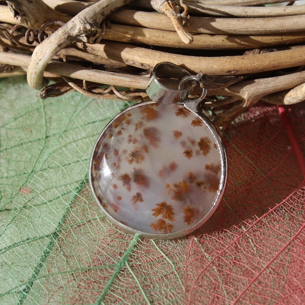 Pendentif AGATE DENDRITIQUE véritable; cristallisation et couleurs; Pierre gemme naturelle semi-précieuse