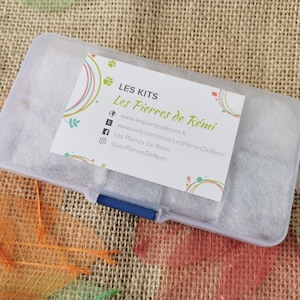 Peut inclure: Une boîte de rangement en plastique transparent avec un loquet bleu. La boîte porte une étiquette blanche avec le texte "LES KITS Les Pierres de Rémi" et les coordonnées de l'entreprise.