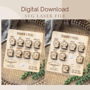 以下が含まれることがあります： 「TODAY I FEEL:」という文字と、happy、sad、angry、confused、silly、worried、excited、tiredとラベル付けされた感情を表す8つのライオンのイラストが刻印された正方形の木製ボード。太陽と木のグラフィックが描かれています。