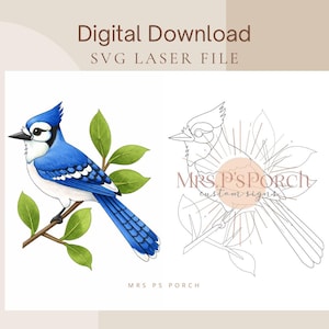 May include: Digital download SVG laser file showing a blue jay illustration and a line drawing. The bird is depicted on a branch with green leaves. The image includes the text "Digital Download SVG LASER FILE" and the text "MRS PS PORCH custom signs".