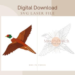 May include: Digital download SVG laser file featuring two pheasant designs. One is a detailed illustration with brown, orange, and green colors. The other is a line drawing of the same bird. Text includes "Digital Download" and "SVG Laser File".