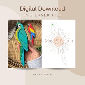 May include: Digital download SVG laser file featuring a teal and yellow parrot cutout and a red, yellow, and blue parrot cutout. A line art illustration of a parrot with sunburst rays and the text MRS. P'S PORCH custom signs is also included.