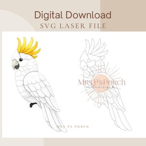 Könnte beinhalten: Digitaler Download SVG-Laserdatei mit einem weißen Kakadu mit gelbem Kamm und schwarzem Fuß. Das Bild enthält eine detaillierte Illustration und eine Strichzeichnung des Vogels. Text enthält "Digital Download" und "SVG LASER FILE".