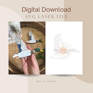 May include: A digital download SVG laser file featuring a line art illustration of a flying duck with a sunburst background and the text MRS. P'S PORCH. The image also displays two physical duck-shaped cutouts with white, blue, and green details.